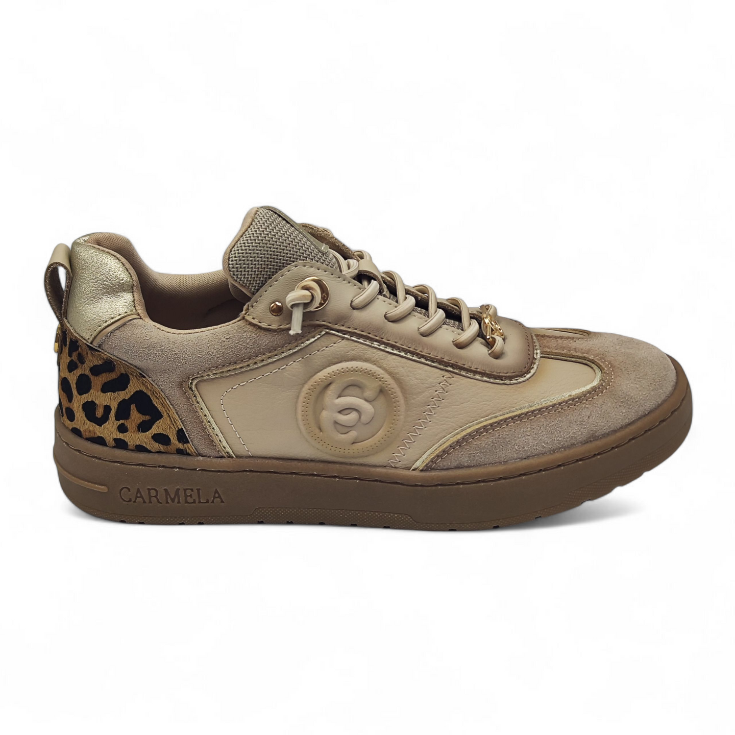 Zapatilla piel y serraje 162504 Carmela en beige y print